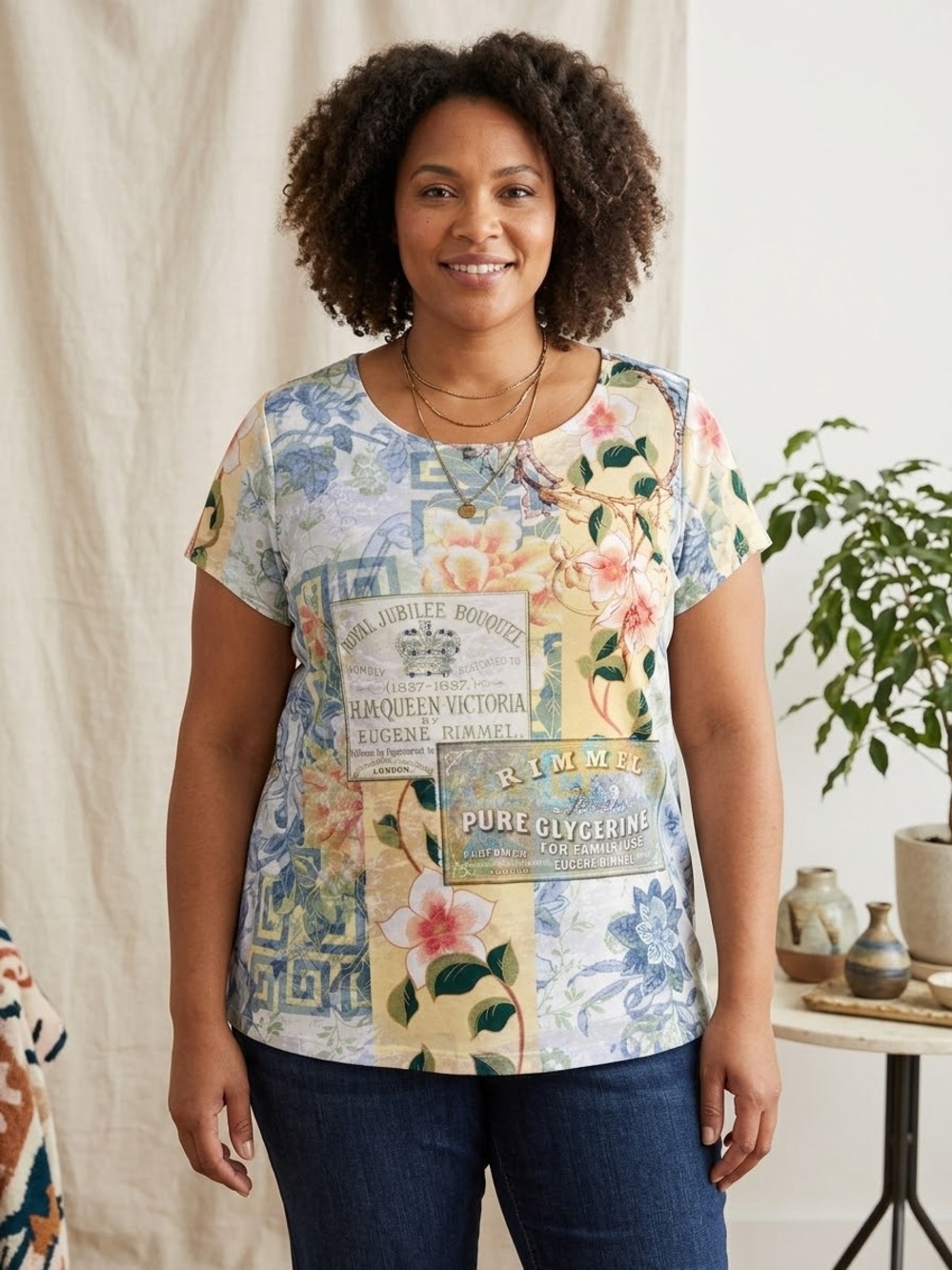 Notations Size 2X Multicolor Floral Embellished Short Sleeve Blouse Top